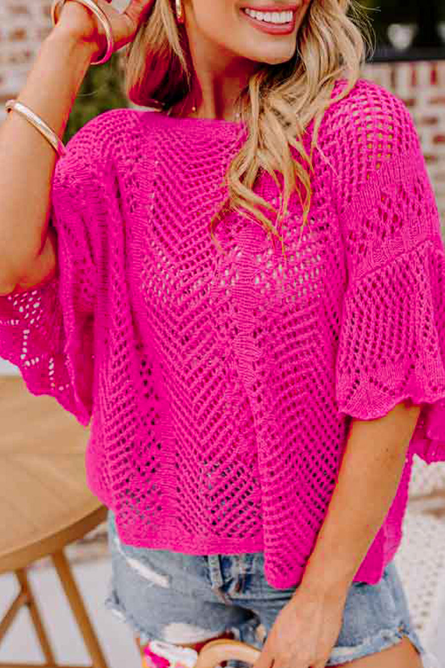 Pink Pointelle Knit Top Women UK — front view showing delicate pointelle texture and scalloped collar edge — Fashionfitz