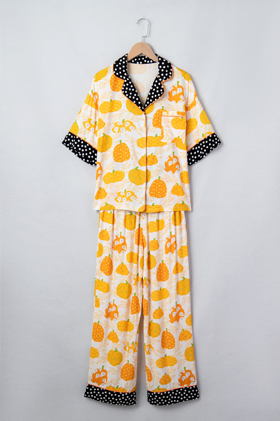 Pumpkin Print Polka Dot Trim Short Sleeve Lounge Set Women UK