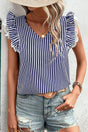 Blue Stripe V Neck Lace Contrast Ruffle Trim Tank Top