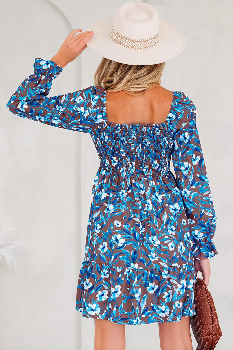 Blue Smocked Bodice High Waist Floral Ruffled Sleeve Maxi Dress Women UK