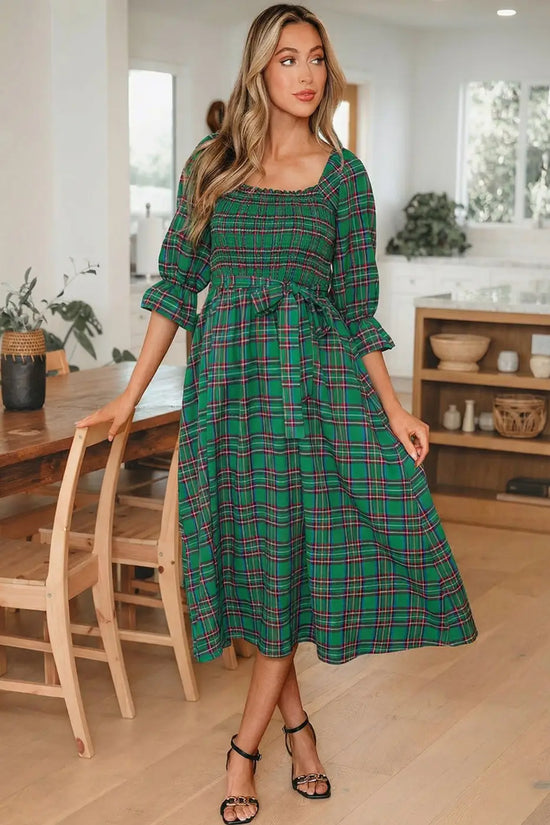 Red green tartan plaid flared midi dress dresses