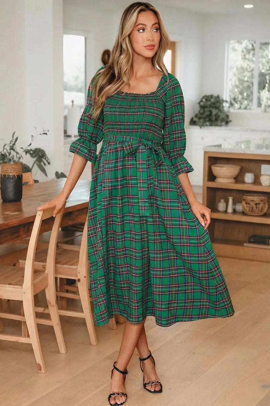 Red green tartan plaid flared midi dress dresses