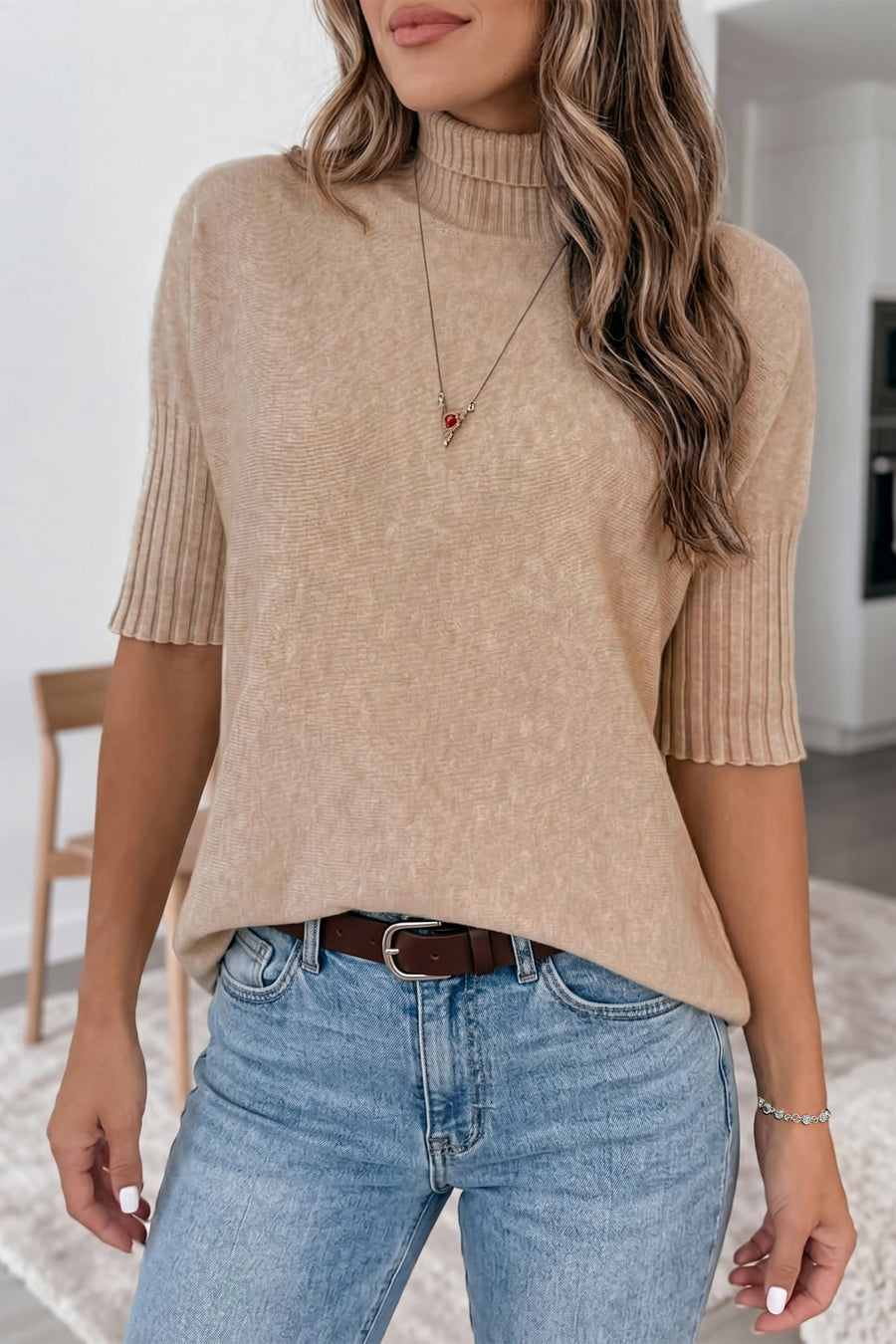 Beige High Neck Short Sleeve Washed Knit Sweater Women UK