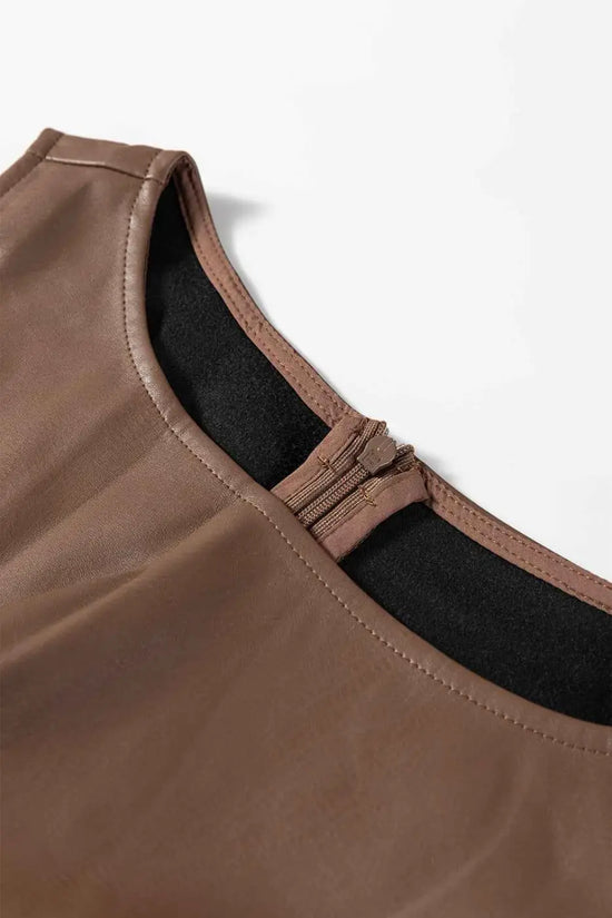 Brown faux leather sleeveless mini dress | fashionfitz