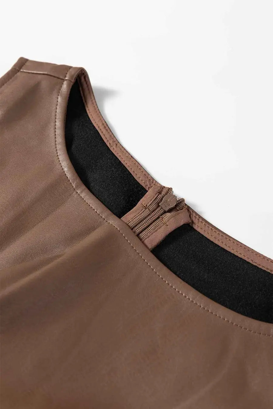 Brown faux leather sleeveless mini dress | fashionfitz