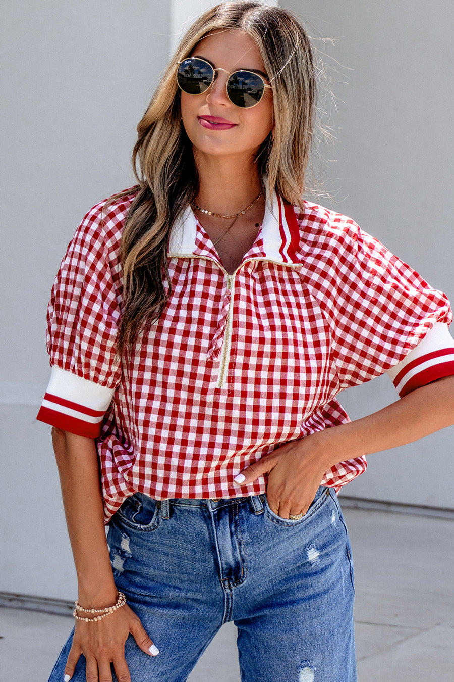 Gingham Striped Patchwork Half-Zip Blouse Women UK