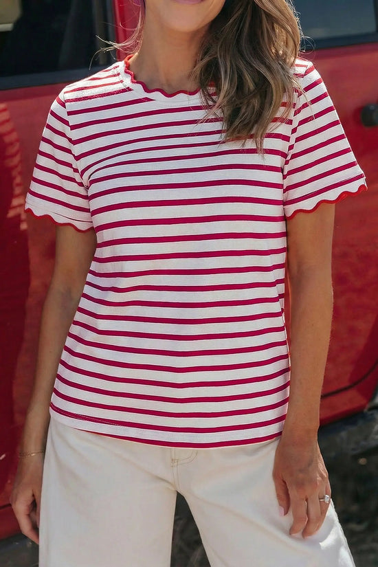 Scalloped trim stripe cotton t-shirt round neck short sleeve t-shirts