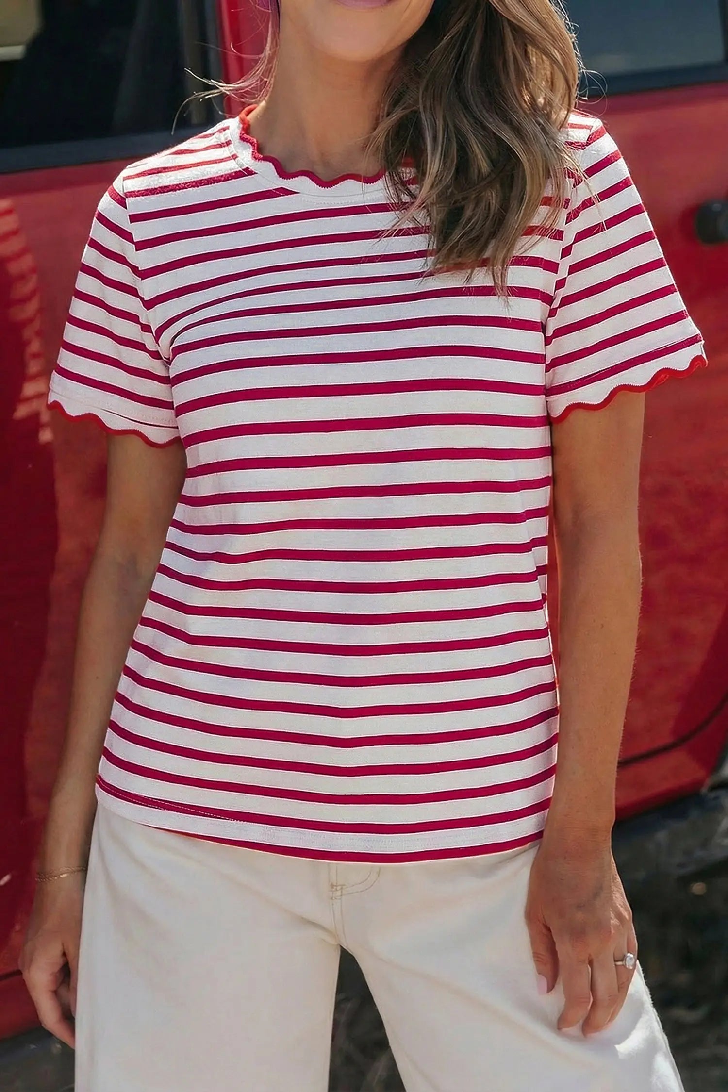 Scalloped trim stripe cotton t-shirt round neck short sleeve t-shirts