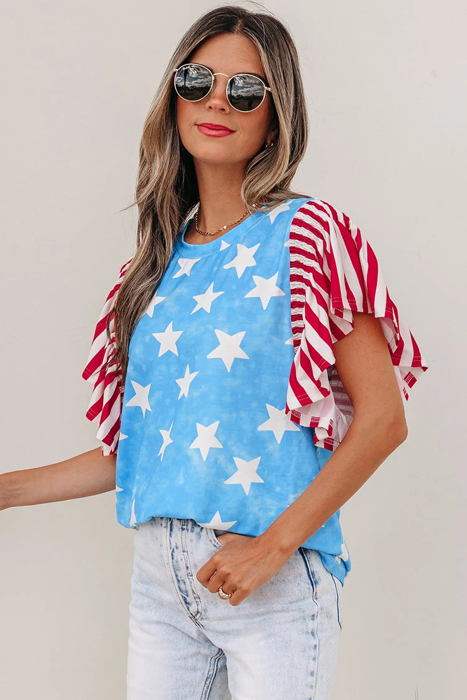 Sky blue vintage star print striped ruffle sleeve top blouses