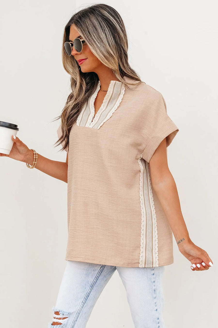 Crochet lace accent pullover blouse detail close-up | Fashionfitz UK