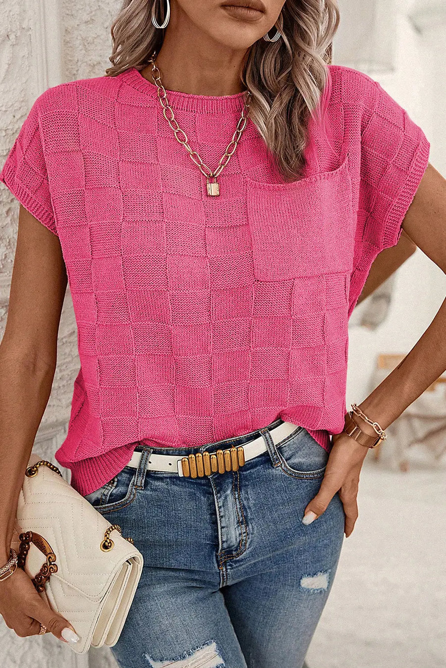 Lattice short sleeve sweater - pink sweaters