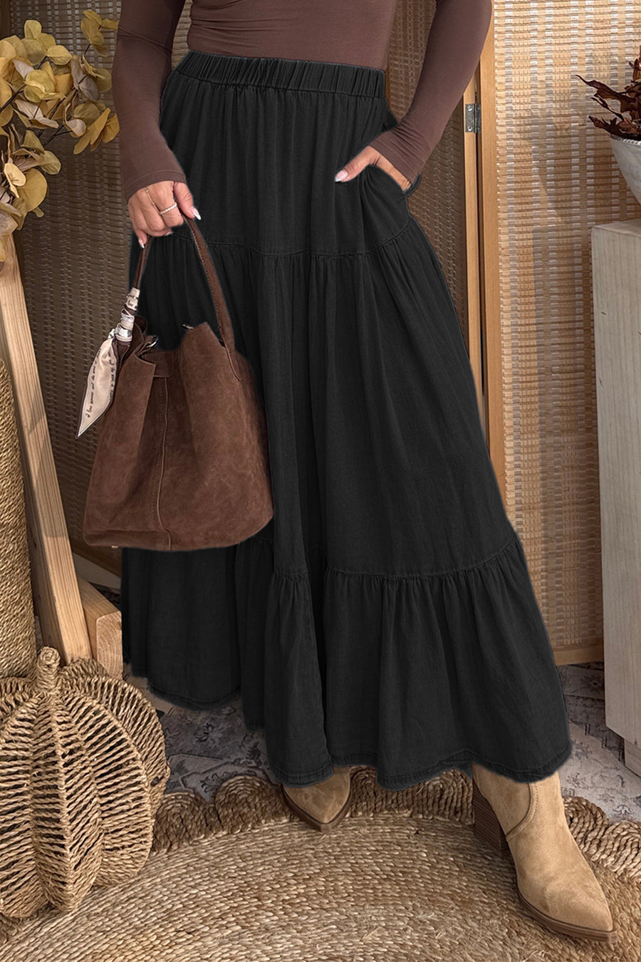 Black Elastic Waist Ruffled Tiered Flared Denim Maxi Skirt Women UK