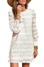 White lace crochet puff sleeve round neck shift dress