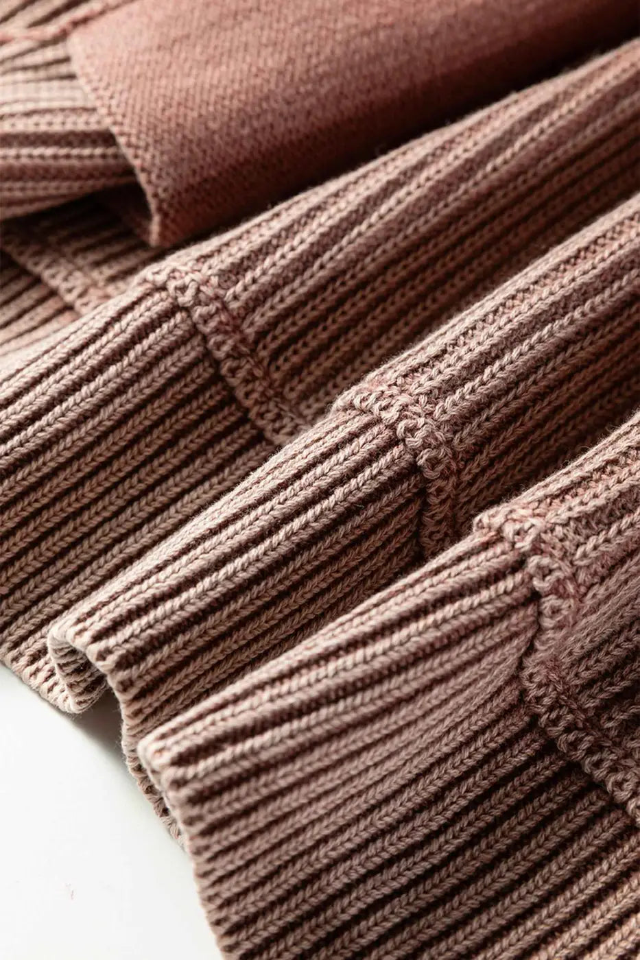 Brown ribbed sleeve and patchwork seam detail on Women's Stonewash Patchwork Knit Open Cardigan, emphasizing textured knit design.