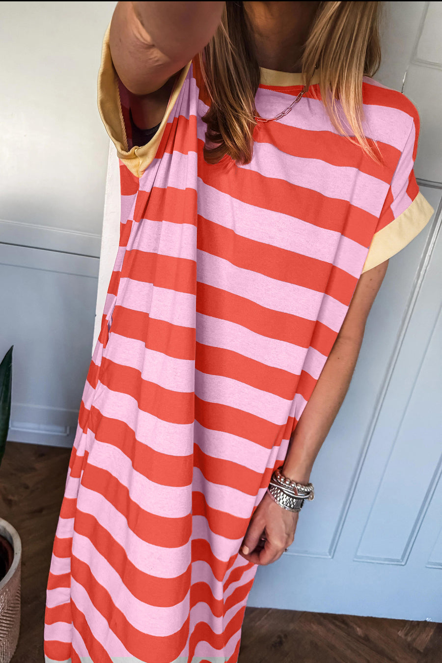 Stripe Cuffed Short Sleeve Pocketed Maxi Dress