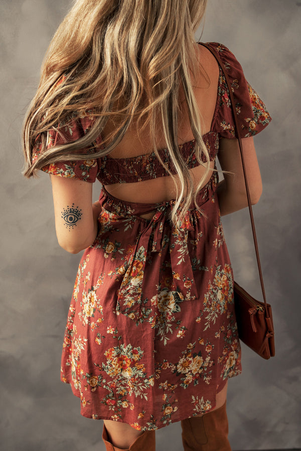 Red Floral Puff Sleeve Square Neck Knot Open Back Mini Dress Women UK