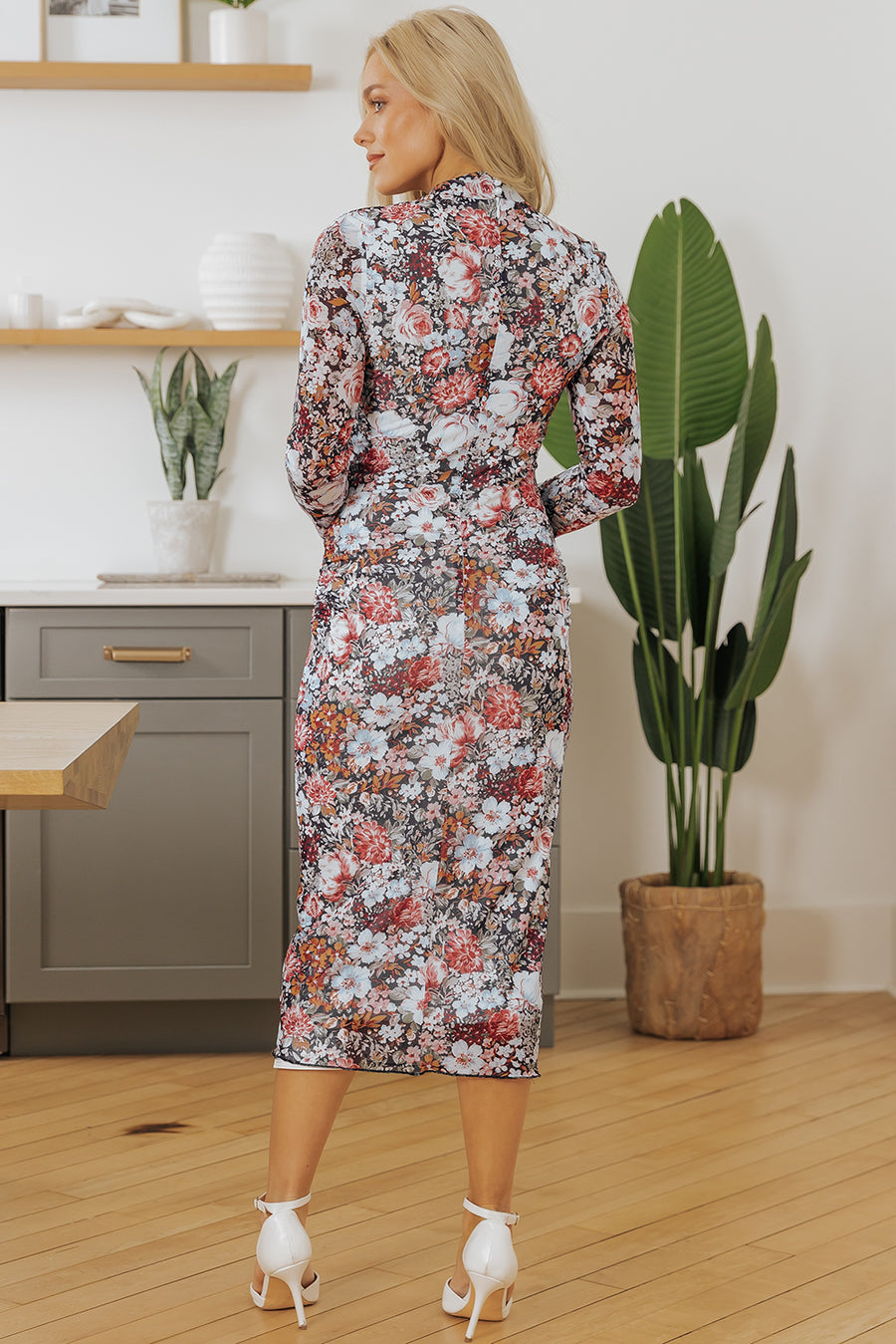 Floral Allover Print Mock Neck Bodycon Long Sleeve Midi Dress UK
