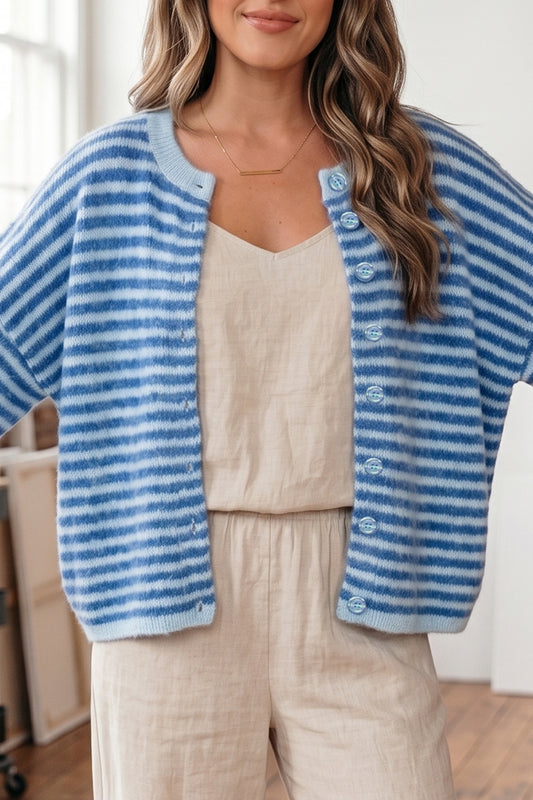 Blue Stripe Half Sleeve Knit Button Cardigan Women UK