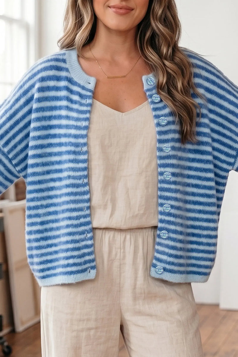 Blue Stripe Half Sleeve Knit Button Cardigan Women UK — side view | Fashionfitz UK