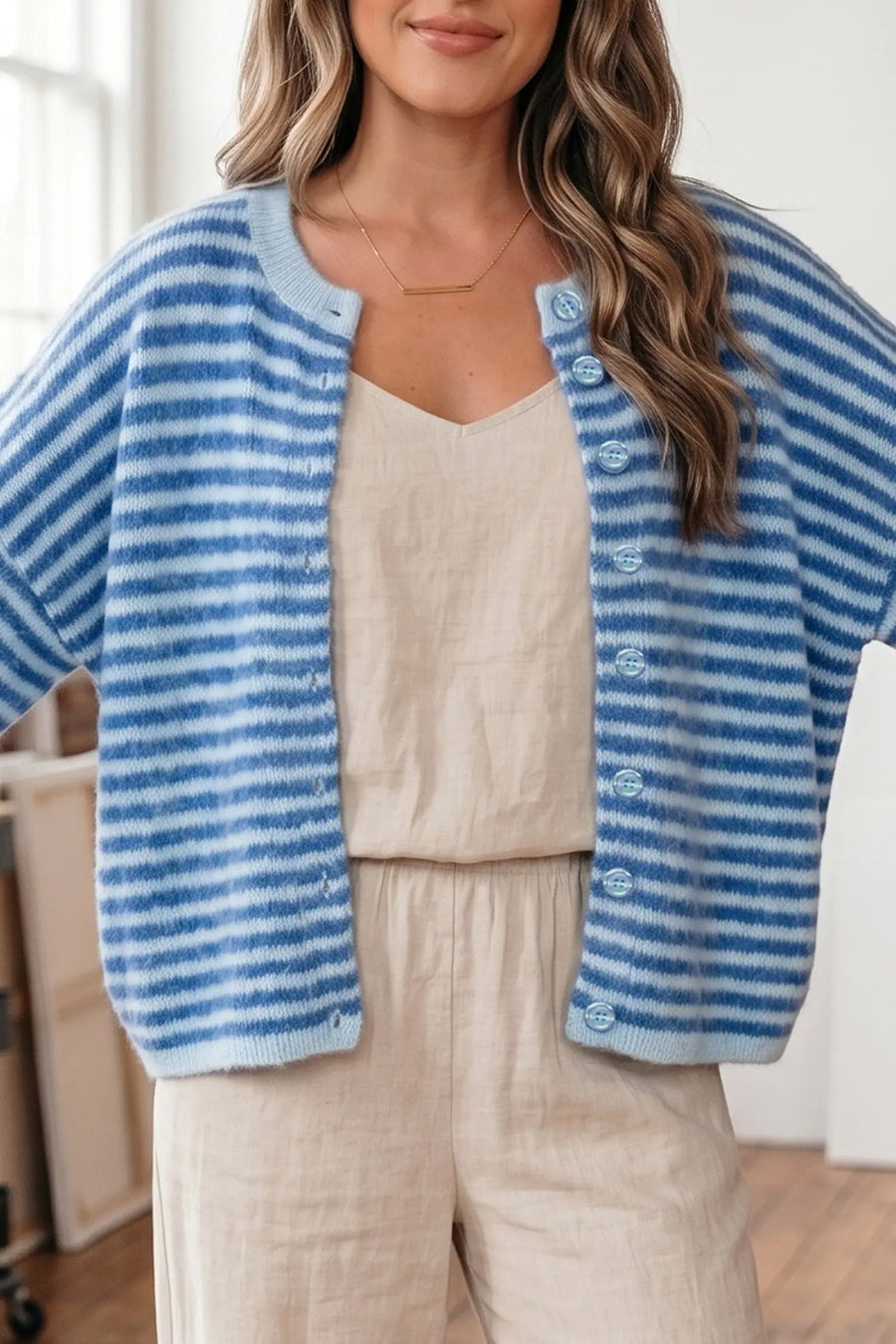 Blue Stripe Half Sleeve Knit Button Cardigan Women UK — side view | Fashionfitz UK