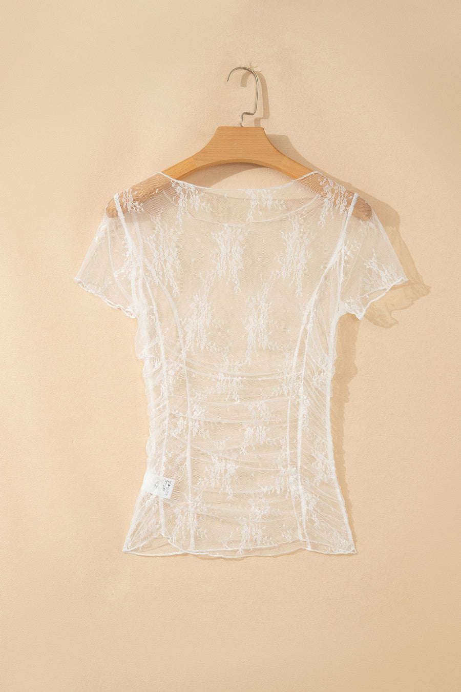 Exposed Seam Ruched Sheer Floral Mesh Top Women UK — angled view | Fashionfitz UK
