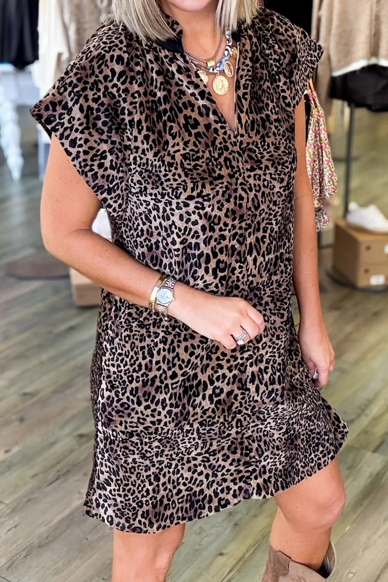 Leopard Print Short Sleeve Mini Shift Dress Women UK