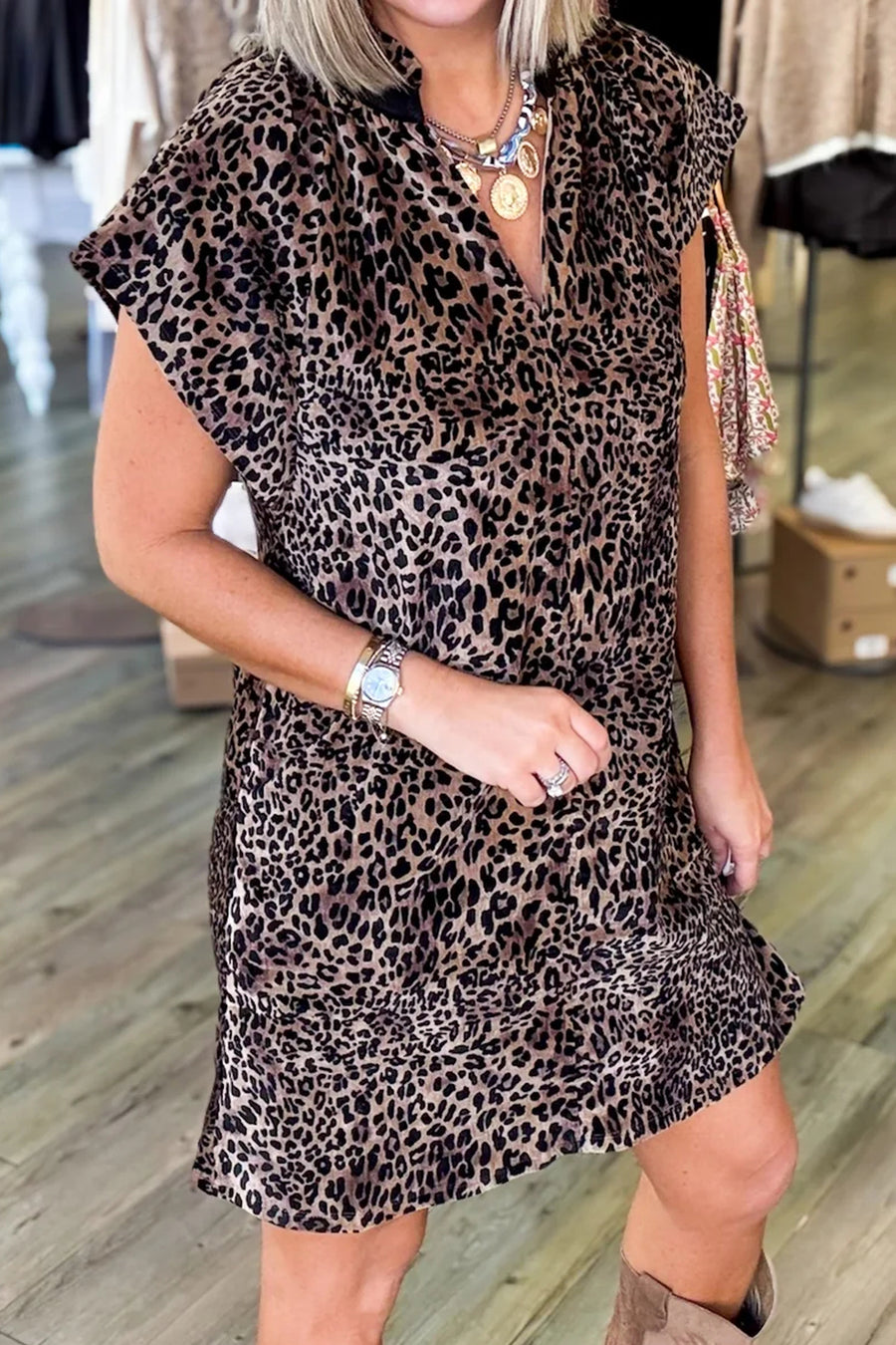 Leopard Print Short Sleeve Mini Shift Dress Women UK