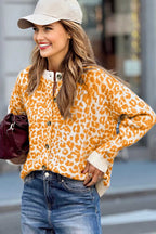 Button-up knit cardigan in orange leopard pattern