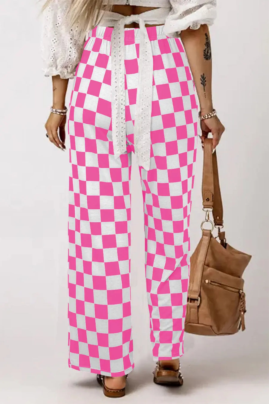 2-tone checked print high waist wide leg trousers with pockets