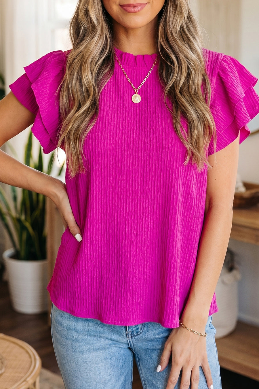 Black Textured Ruffle Trim Short Sleeve Blouse Women UK