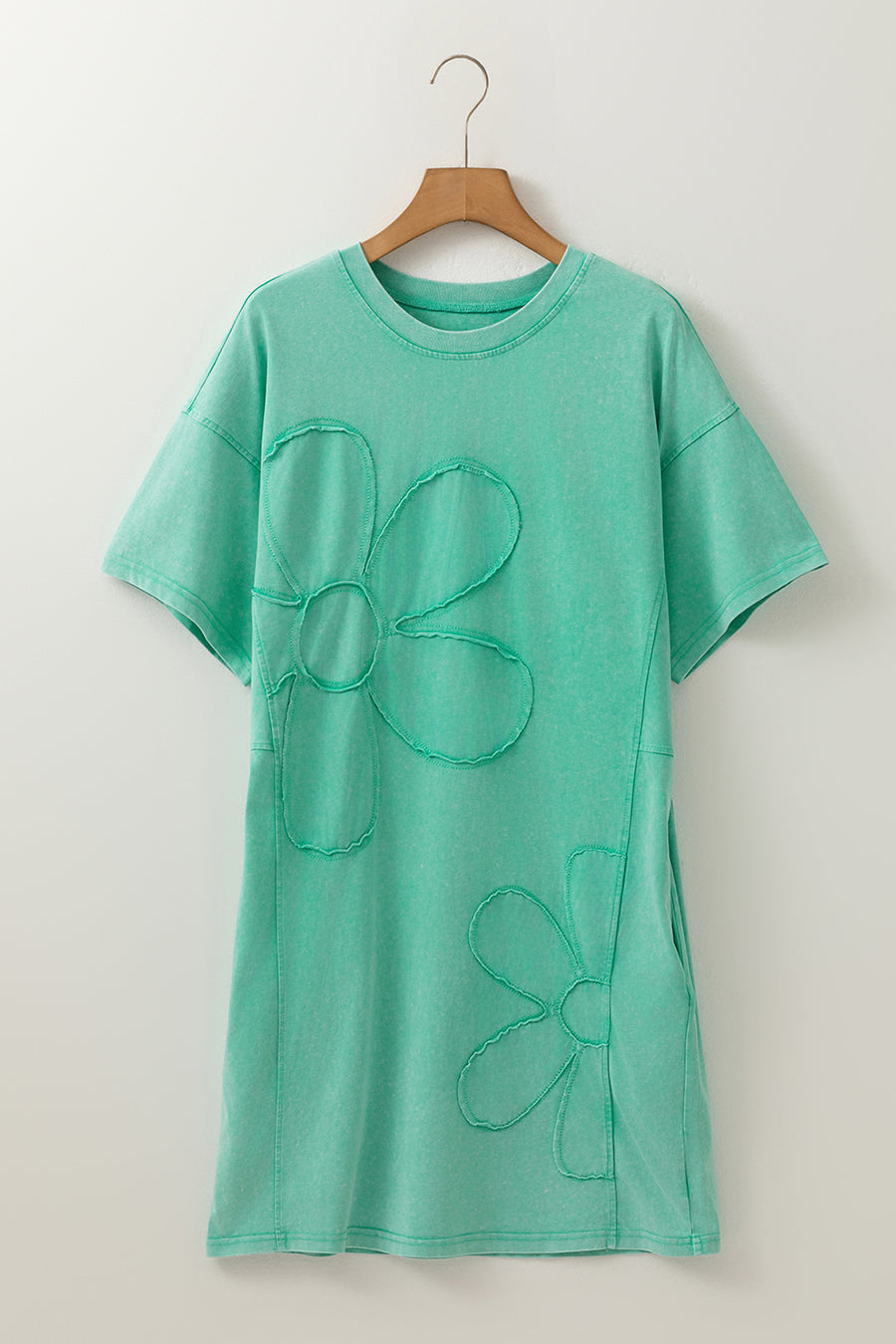 Mint Green Mineral Wash Flower Patchwork Mini T-Shirt Dress Women UK
