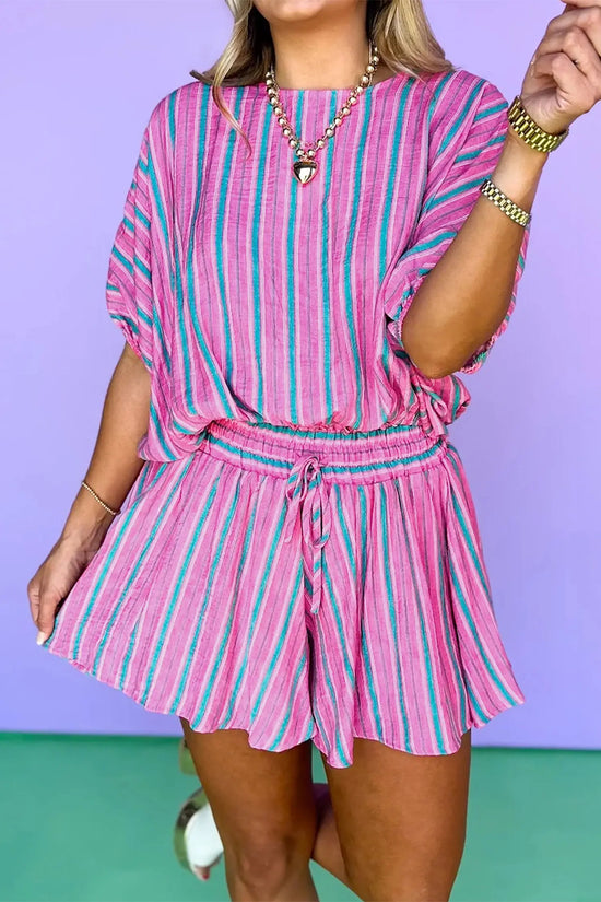 Fashionfitz pink stripe matching short set UK S-XL, dolman sleeve blouse with high waist drawstring shorts, back view