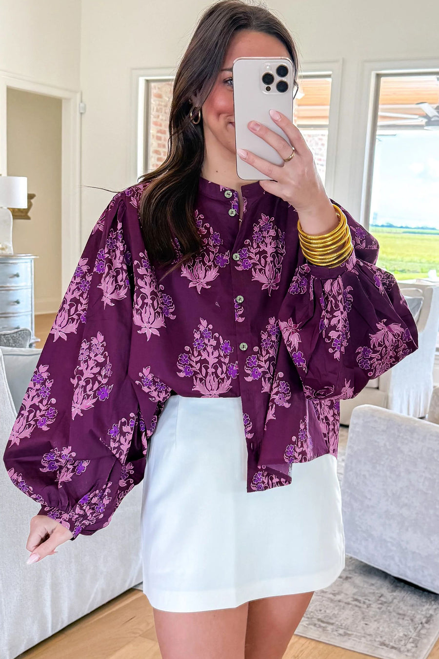 Purple Floral Puff Sleeve Blouse Women UK — detail showing puff sleeve construction and floral cotton fabric — Fashionfitz