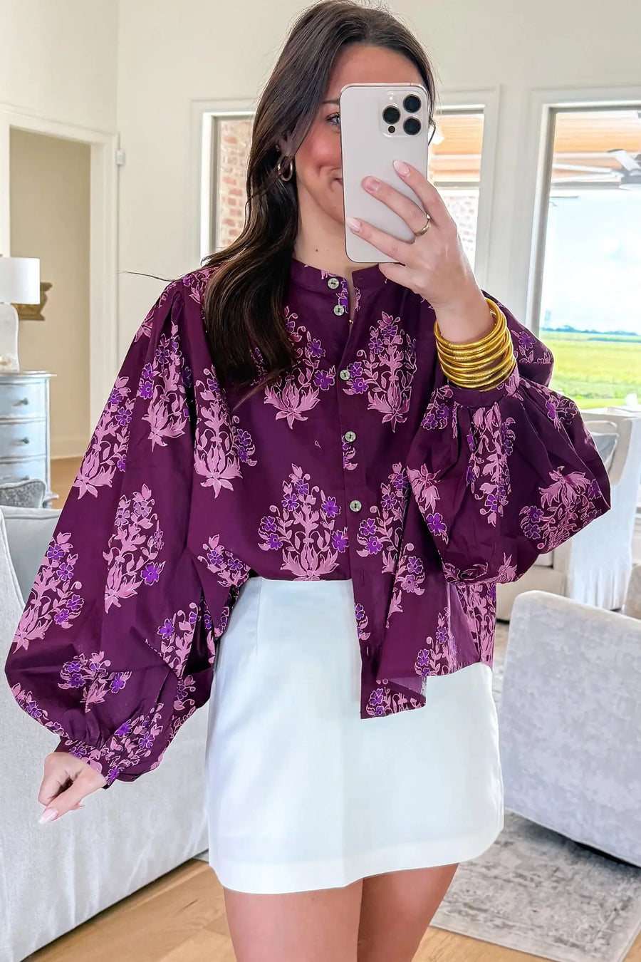 Floral Print Button-Up Long Puff Sleeve Shirt Women UK — full length view on model | Fashionfitz UK