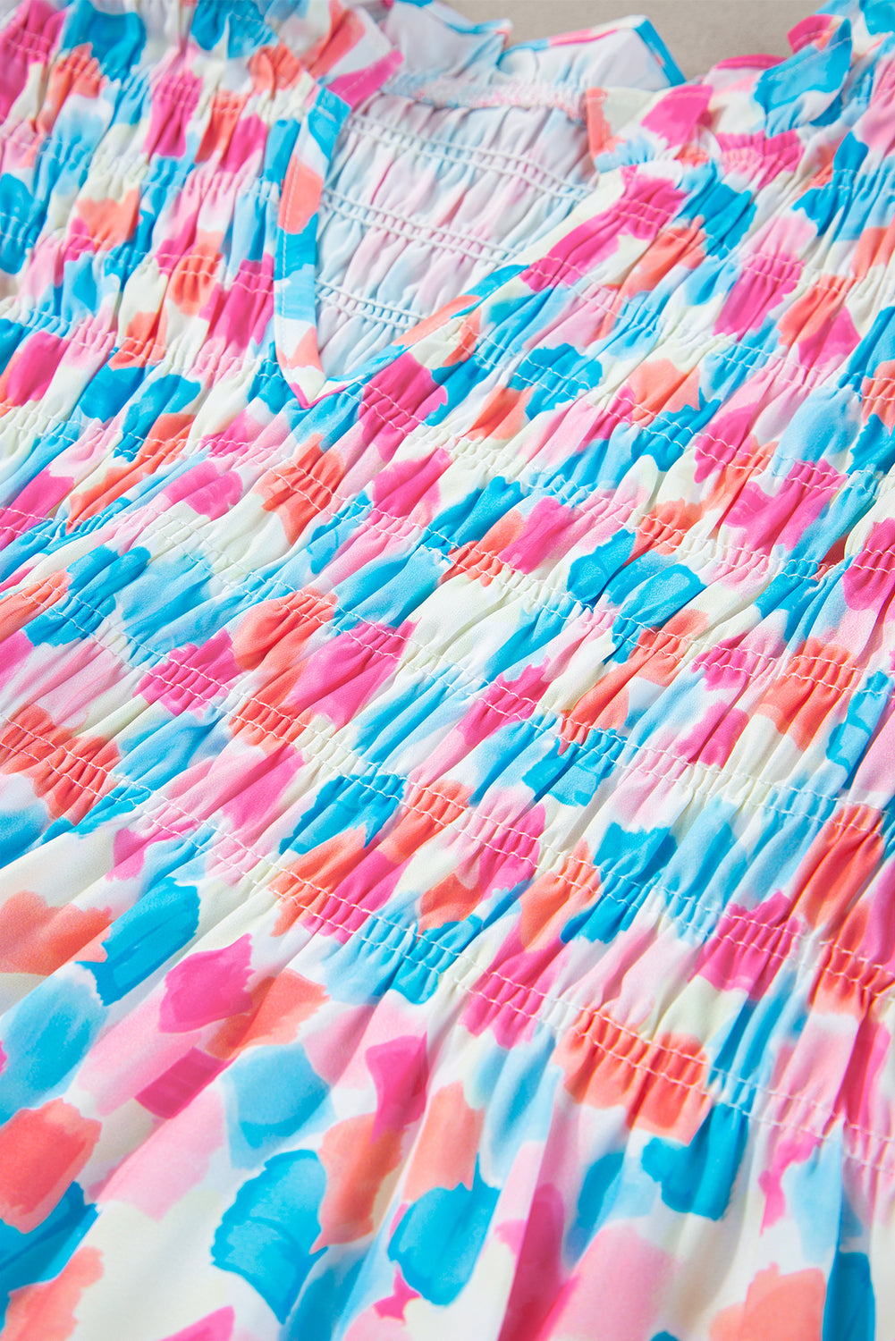 Shirred  Blouse - Ruffled Abstract Print