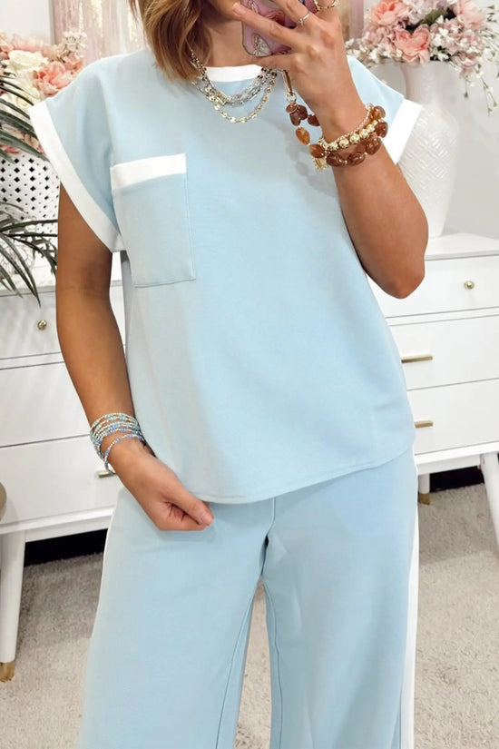 Mist blue contrast trim boxy tank top wide leg pant set pockets outfit sets