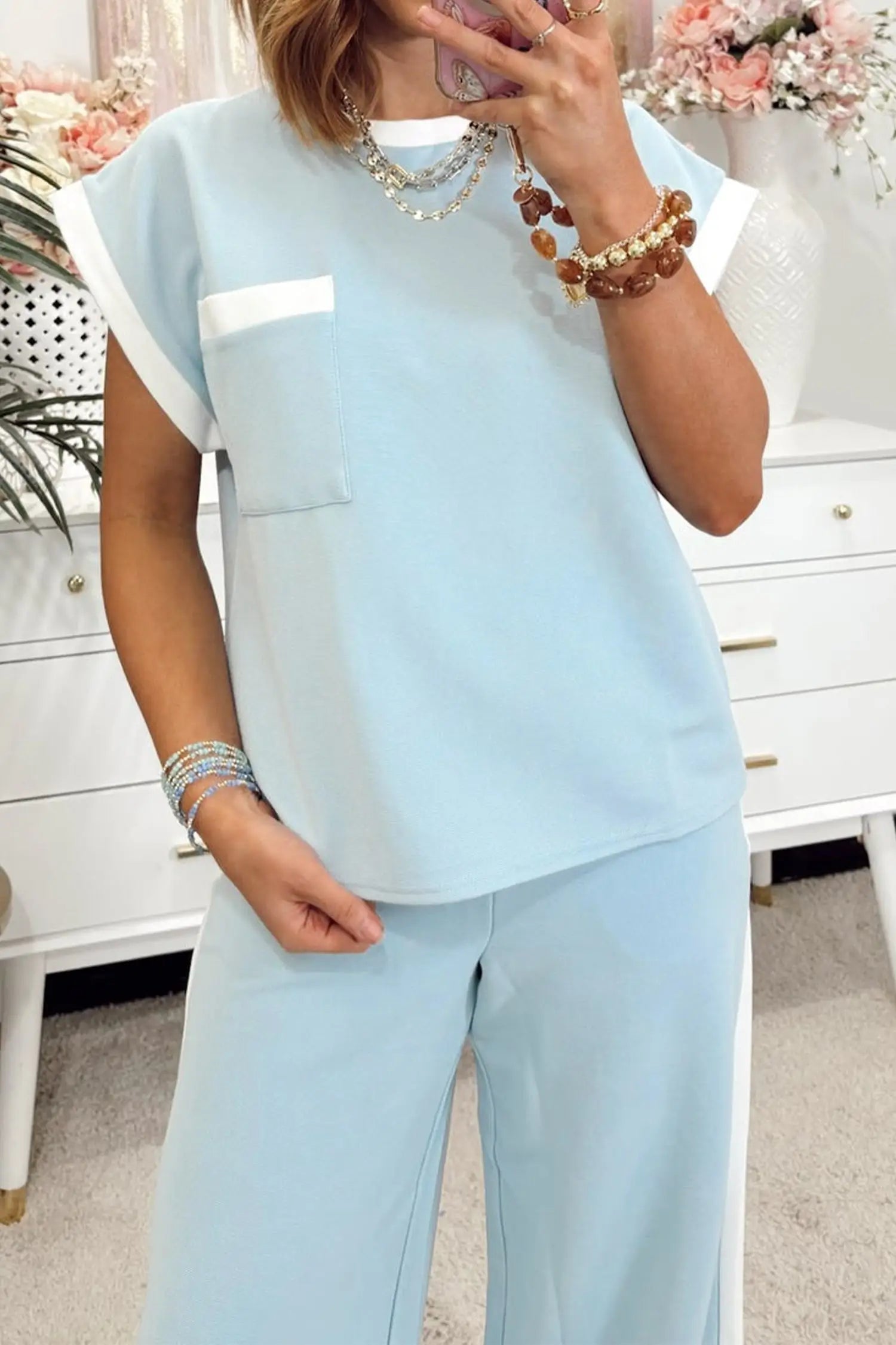 Mist blue contrast trim boxy tank top wide leg pant set pockets outfit sets