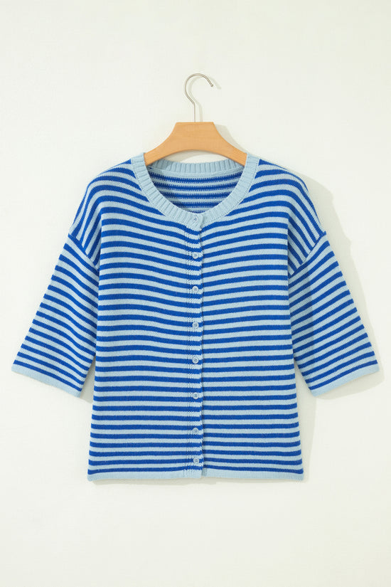 Blue Stripe Half Sleeve Knit Button Cardigan Women UK