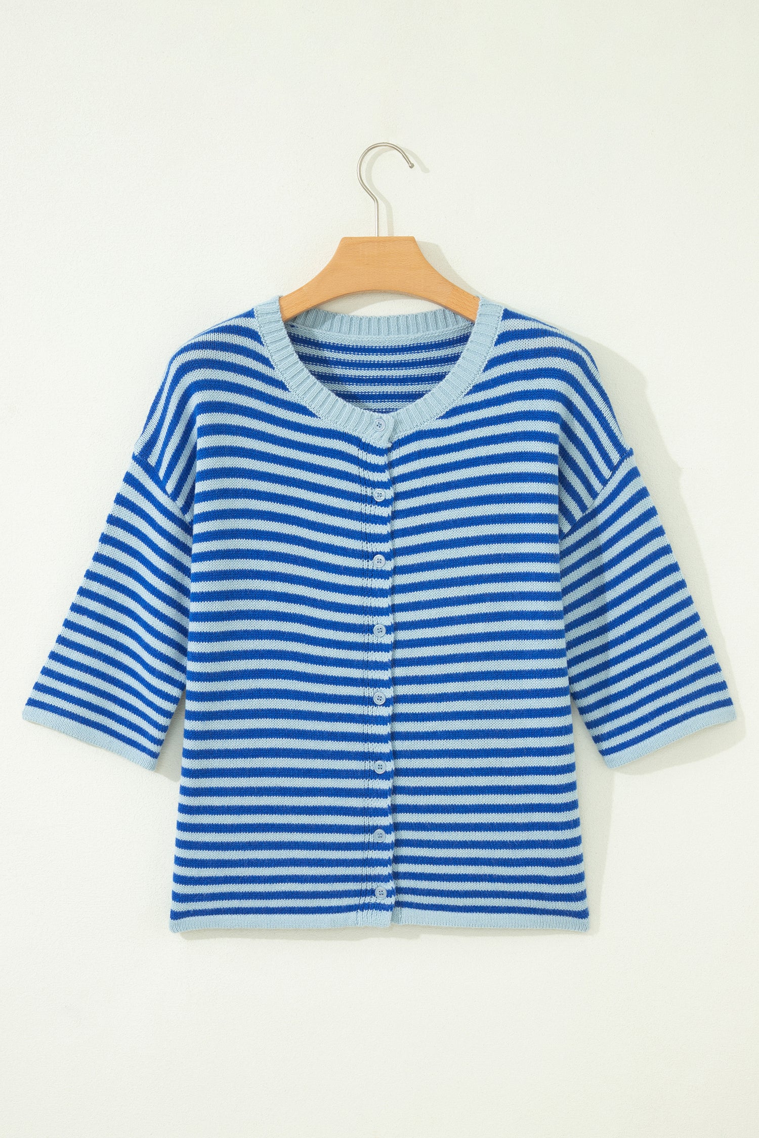 Blue Stripe Half Sleeve Knit Button Cardigan Women UK