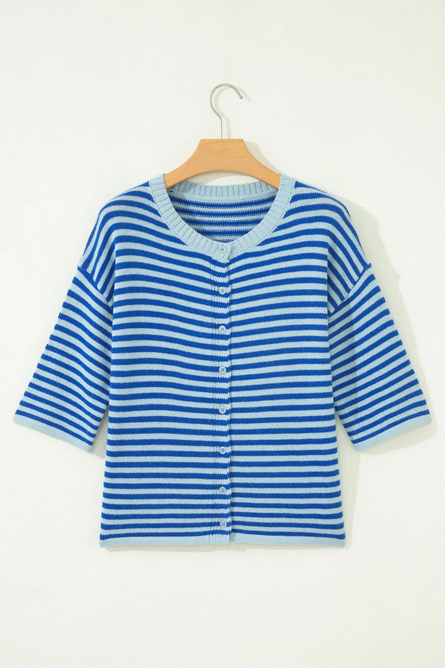 Blue Stripe Half Sleeve Knit Button Cardigan Women UK — full length view on model | Fashionfitz UK