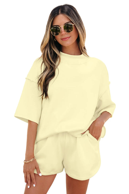 Exposed seam mock neck oversized tee shorts two piece set pockets outfit sets