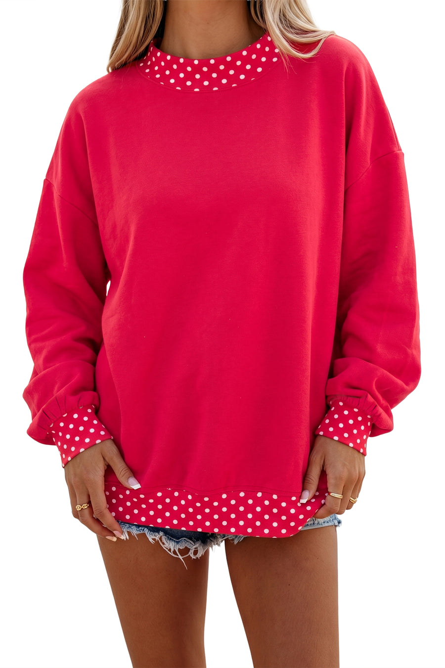 Pink Colorblock Polka Dot Contrast Trim Oversized Sweatshirt Women UK