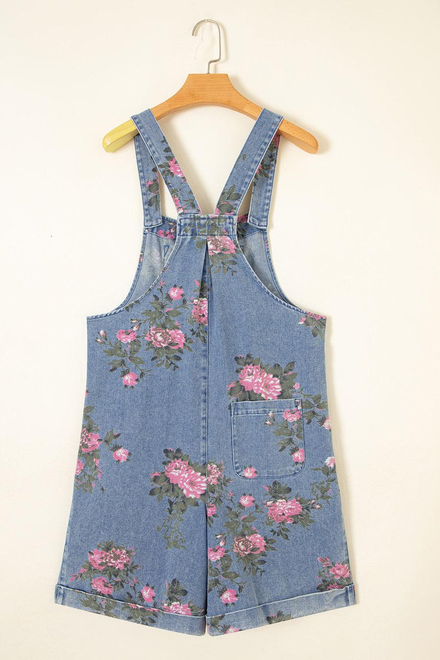 Floral Print Denim Shortalls Adjustable Straps Pockets Relaxed Fit
