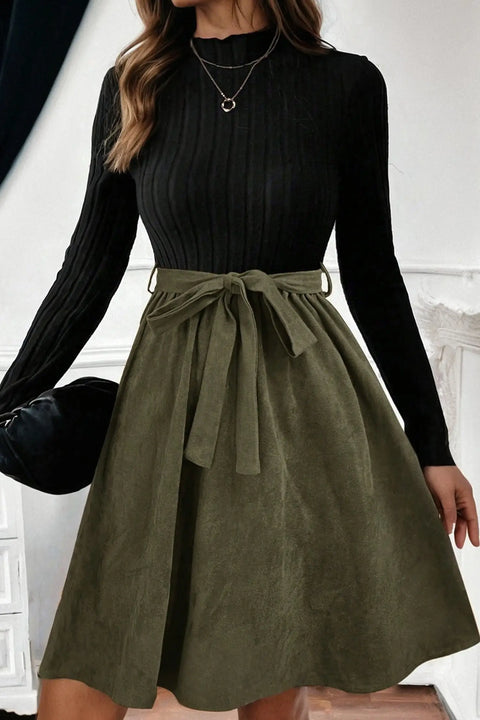 Black ribbed knit slim patchwork belted mini dress