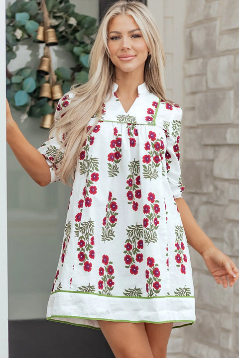 White Floral Frilled V Neck 3/4 Sleeve Loose Dress Women UK — front view