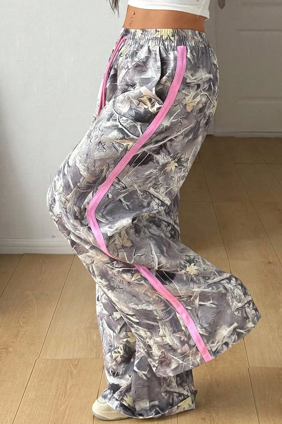 Gray camo woodland print wide leg sweatpants