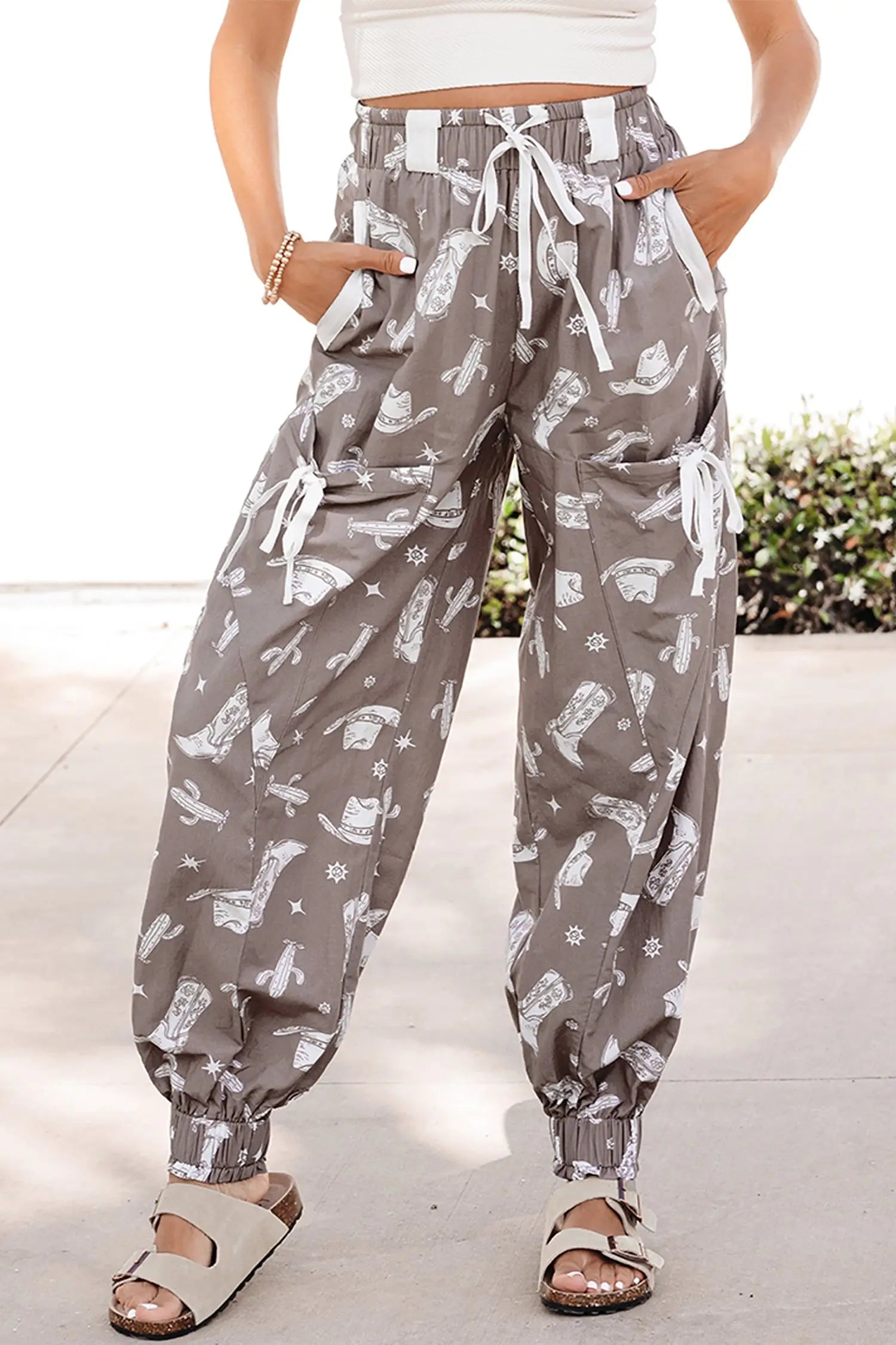 Western print vintage drawstring elastic hem jogger trousers with pockets joggers