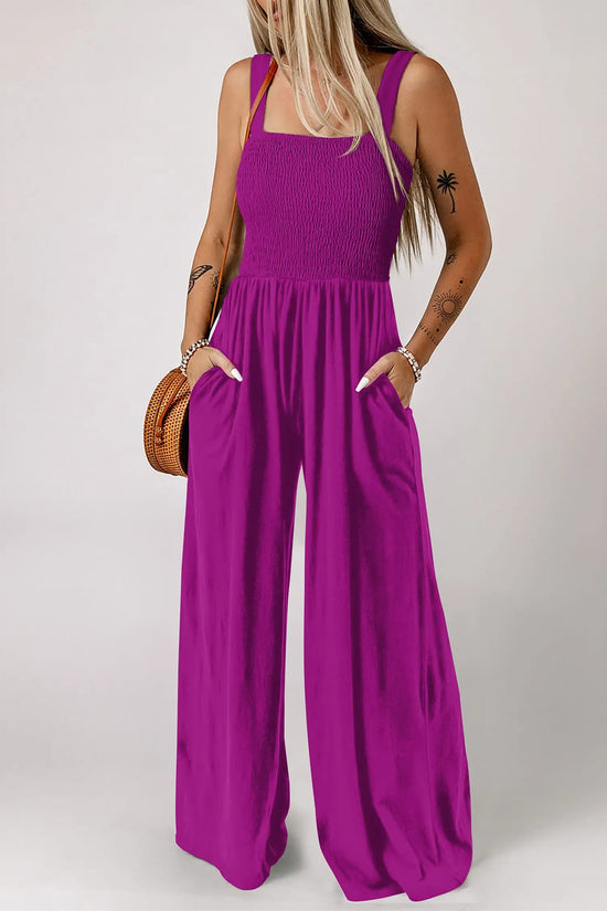 Peacock blue smocked square neck sleeveless jumpsuit with pockets
