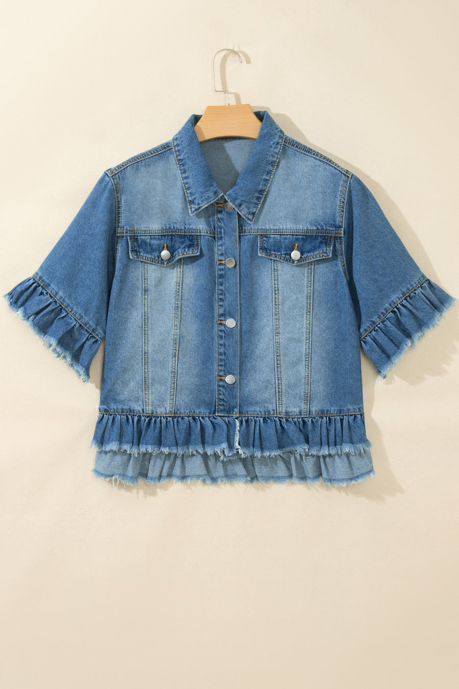 Ruffle Hem Raw Edge Half Sleeve Denim Jacket Women UK