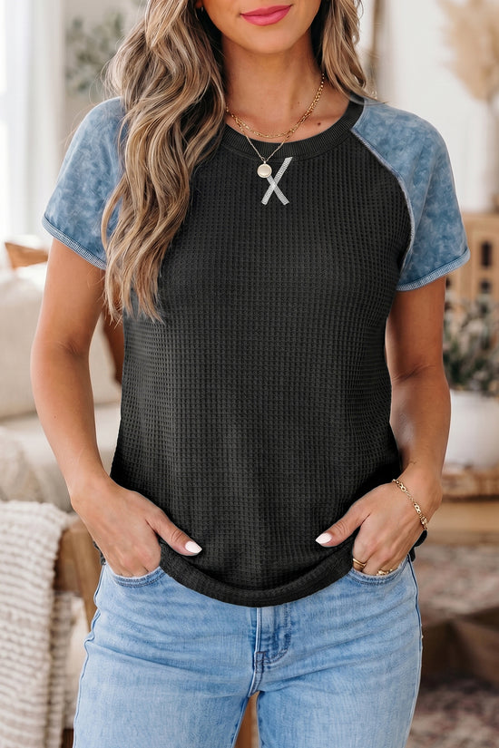 Waffle Knit Seam Detail Colour Block Patchwork Short Sleeve Top